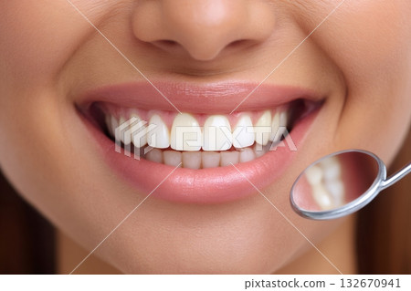 Woman smiling showing healthy teeth and dental mirror Woman smiling showing healthy teeth and dental mirror 132670941