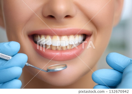 Dentist examining patient yellow teeth before whitening 132670942