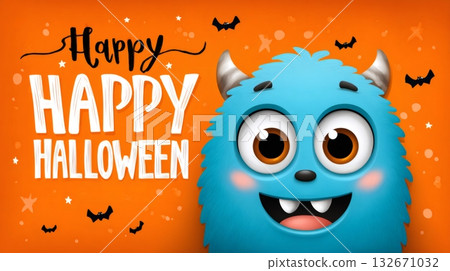 Cute cartoon monster head celebrating happy halloween text 132671032