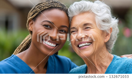 Caregiver and senior woman smiling enjoying support Caregiver and senior woman smiling enjoying support 132671033