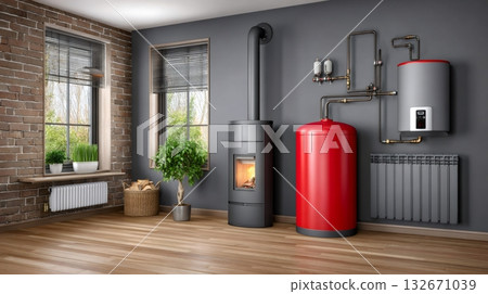 Modern heating appliances with boiler, wood stove, and radiator Modern heating appliances with boiler, wood stove, and radiator 132671039