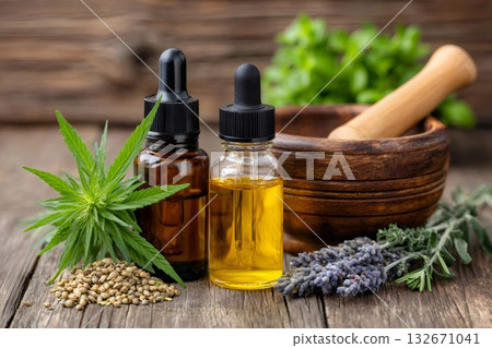 Cbd hemp oil drops concept, natural herbal medicine 132671041