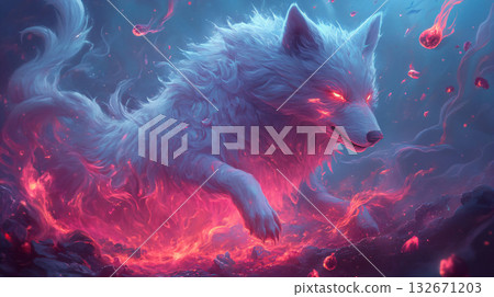 Powerful fantasy wolf with fiery magic. representing the great power of fire and the spirit of the wild. AI Generated. 132671203