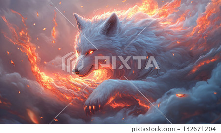 Powerful fantasy wolf with fiery magic. representing the great power of fire and the spirit of the wild. AI Generated. 132671204
