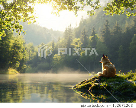 Nature scene featuring a wolf at the lake. AI Generated. 132671208