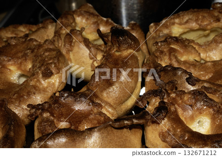 Close up of home make Yorkshire pudding roasted batter for Sunday roast dinner 132671212