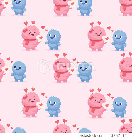 Cute monster seamless pattern with hearts and love letter for Valentines Day and friendship design 132671341