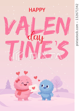 Happy Valentines Day card with cute pink and blue monsters holding love letter in romantic winter landscape 132671342
