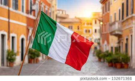 Italian flag waving on typical rome street at sunset 132671368