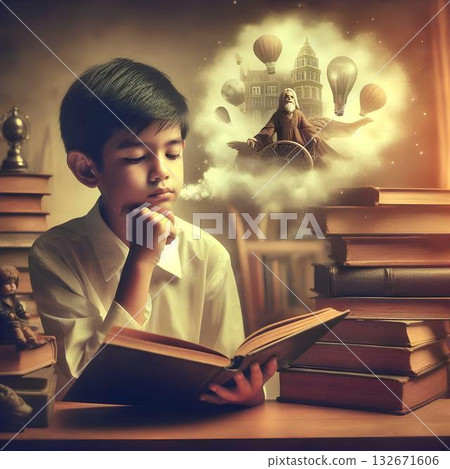 A child reading a book and imagining the story within it. 132671606