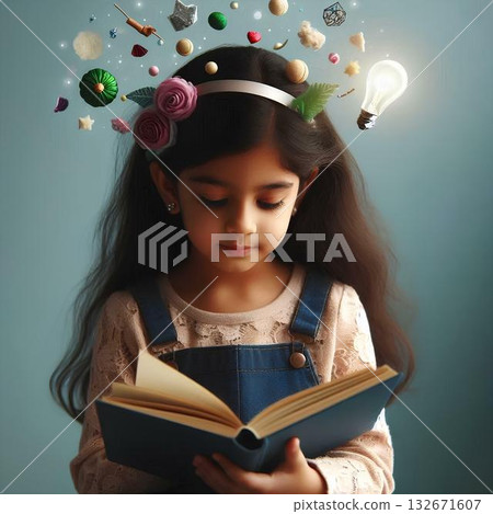 A child reading a book and imagining the story within it. 132671607