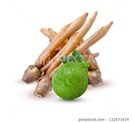 Fingerroot, Kaempfer, Boesenbergia and Kaffir lime on white backgrpund. Fingerroot, Kaempfer, Boesenbergia and Kaffir lime on white backgrpund. 132671634