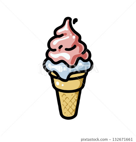 Cute cartoon style ice cream cone with pink and white swirls, outlined drawing on white background, concept of summer treat and sweetness Cute cartoon style ice cream cone with pink and white swirls, outlined drawing on white background, concept of summer treat and sweetness 132671661