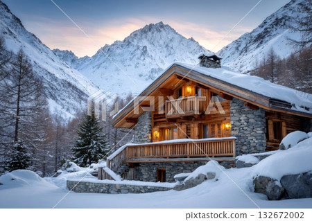 Cozy chalet glowing warmly in snowy alps mountains 132672002