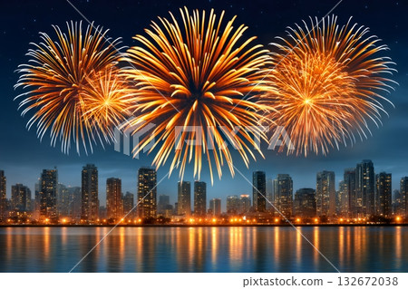 Fireworks exploding over a vibrant city skyline at night 132672038