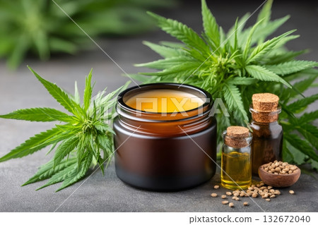 Cannabis leaves with hemp seeds, oil and cbd cream Cannabis leaves with hemp seeds, oil and cbd cream 132672040