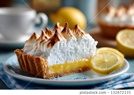 Delicious lemon meringue pie showing filling and toasted meringue peaks 132672135