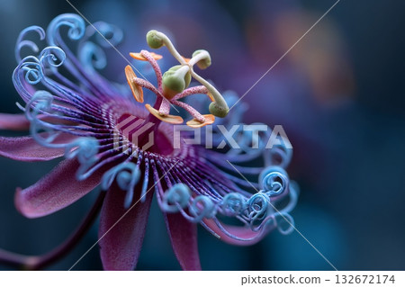 Close up of passion flower showing intricate details and vibrant colors Close up of passion flower showing intricate details and vibrant colors 132672174