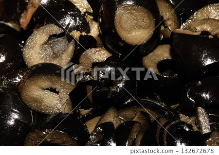 Close up of chopped sliced black olives Close up of chopped sliced black olives 132672678