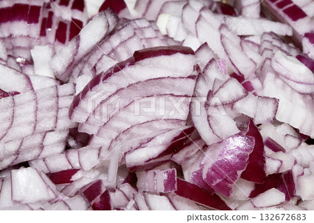 Close up of chopped sliced red onions prep for dinner 132672683