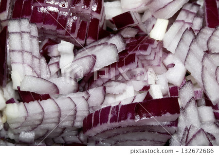 Close up of chopped sliced red onions prep for dinner 132672686