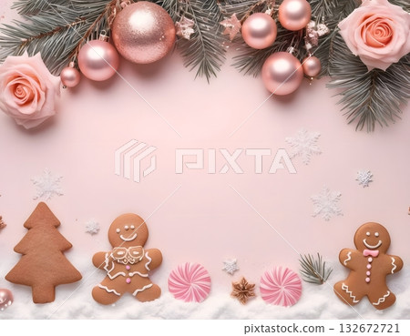 Pastel Pink Christmas Border with Snowy Pines and Rose-Gold Ornaments, gingerbread cookies,postcard 132672721