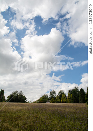 A spacious green park under a blue sky with large white clouds spreading across it, Nyman Park, on the outskirts of London A spacious green park under a blue sky with large white clouds spreading across it, Nyman Park, on the outskirts of London 132673049