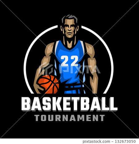 Logo of a basketball player with a ball in his hands on dark background. Logo of a basketball player with a ball in his hands on dark background. 132673050