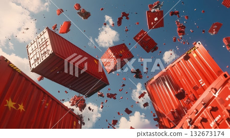 Falling Shipping Containers from Above A Dramatic Scene of Aerial Action and Impact Falling Shipping Containers from Above A Dramatic Scene of Aerial Action and Impact 132673174