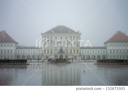 Mystery morning foggy park in the Nymphenburg Palace in Munich, Germany 132673303