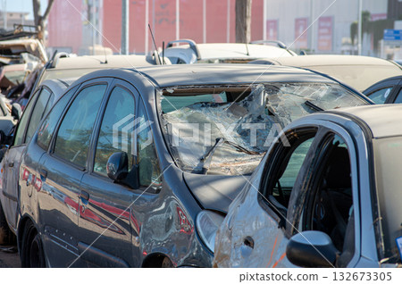 Damaged cars and debris from flooding caused by floods from hurricane DANA in Valencia, Spain on November 18, 2024 Damaged cars and debris from flooding caused by floods from hurricane DANA in Valencia, Spain on November 18, 2024 132673305