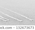 Minimalist Black and White Image of Jet Skis on the Water Leaving White Wake Trails - Abstract Water Sports Activity 132673673