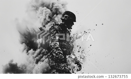A man in a military uniform is standing in a cloud of smoke. Concept of chaos and destruction, with the man's presence in the midst of the smoke and debris 132673755