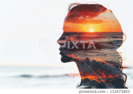 Emotional intelligence concept. Silhouette head woman. The sun over the sea. Emotional intelligence concept. Silhouette head woman. The sun over the sea. 132673803