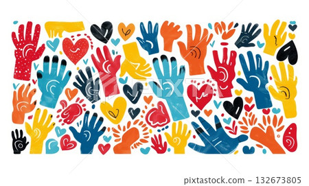 Group of raised hands. Support and assistance. Multicultural and multiethnic community concept. 132673805