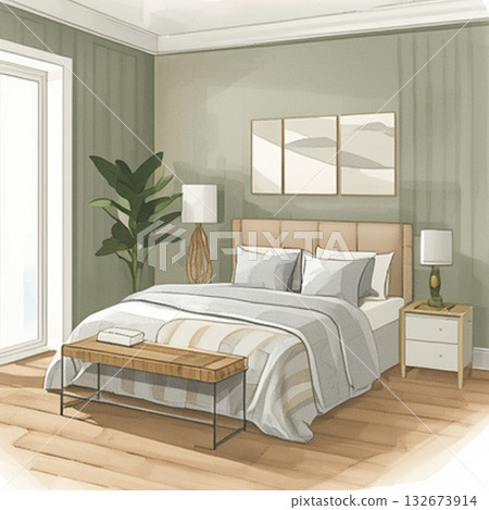 樣品屋風格的時尚床和臥室內飾 132673914