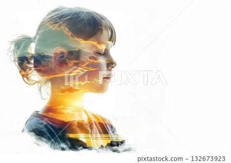 Girl developing her emotional intelligence. Concept exploring the mind, self-discovery, introspection, thinking process Girl developing her emotional intelligence. Concept exploring the mind, self-discovery, introspection, thinking process 132673923