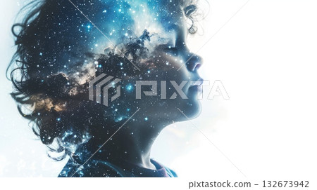 Concept exploring the mind, self-discovery, introspection, thinking process. Boy developing her emotional intelligence. Concept exploring the mind, self-discovery, introspection, thinking process. Boy developing her emotional intelligence. 132673942