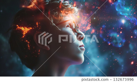 Boy developing her emotional intelligence. Concept exploring the mind, self-discovery, introspection, thinking process Boy developing her emotional intelligence. Concept exploring the mind, self-discovery, introspection, thinking process 132673996