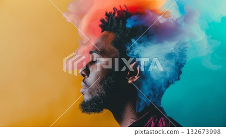 Black skin man developing her emotional intelligence. Concept exploring the mind, self-discovery, introspection, thinking process 132673998