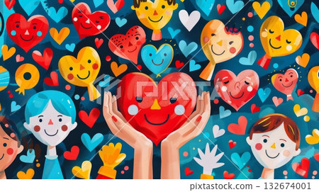Charity illustration concept with abstract, diverse persons, hands and hearts. Community compassion, love, and support concept 132674001