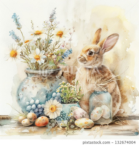 Watercolor illustration Easter bunny eggs, flowers on a white background. Watercolor cute rabbit. 132674004