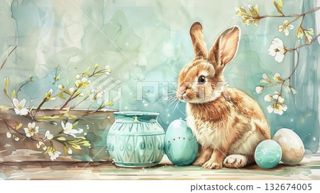 Watercolor illustration Easter bunny eggs, flowers on a white background. Watercolor cute rabbit. 132674005