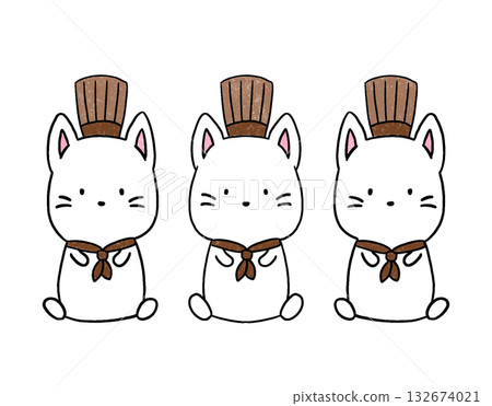 Hand-drawn illustration of a cute pastry chef white cat 132674021