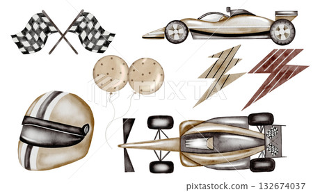 Racing cars watercolor set. Race car, helmet and flags in pastel colors on a white background. Ideal for children's textiles, wallpapers and baby shower design for boys 132674037