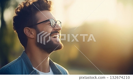 Happiness, joy, thinking positive, having good thoughts in mind. Man head in the sunshine. Mental health concept. Happiness, joy, thinking positive, having good thoughts in mind. Man head in the sunshine. Mental health concept. 132674210