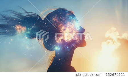 Woman developing her emotional intelligence. Concept exploring the mind, self-discovery, introspection, thinking process. Woman developing her emotional intelligence. Concept exploring the mind, self-discovery, introspection, thinking process. 132674211