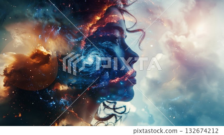 Woman developing her emotional intelligence. Concept exploring the mind, self-discovery, introspection, thinking process. Woman developing her emotional intelligence. Concept exploring the mind, self-discovery, introspection, thinking process. 132674212