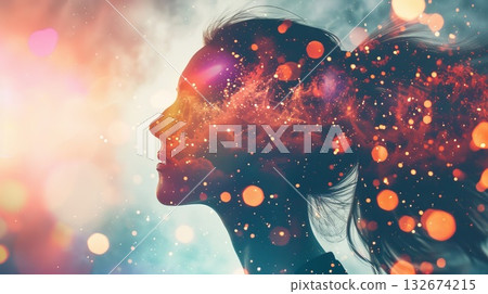 Woman developing her emotional intelligence. Concept exploring the mind, self-discovery, introspection, thinking process. Woman developing her emotional intelligence. Concept exploring the mind, self-discovery, introspection, thinking process. 132674215