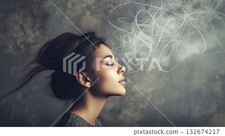 Side profile of a serene woman with closed eyes, surrounded by abstract light lines, on a textured gray background, concept of thoughts 132674217